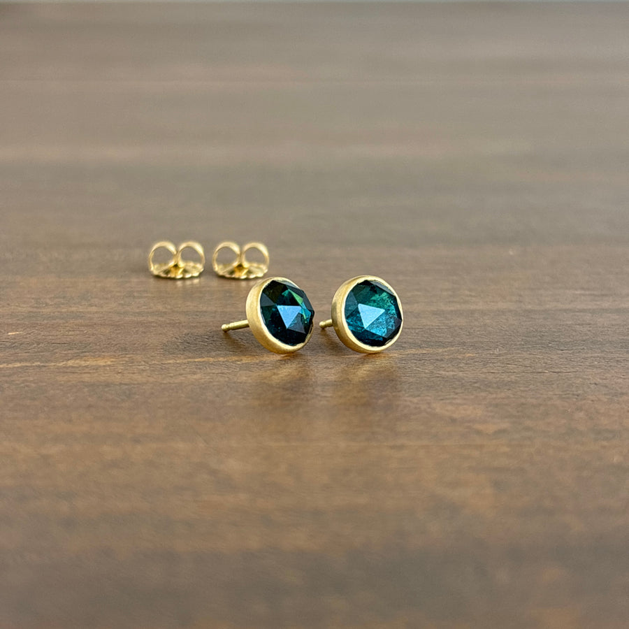18k Gold & Round Teal Rose Cut Tourmaline Stud Earrings view 2