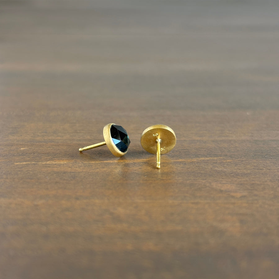 18k Gold & Round Teal Rose Cut Tourmaline Stud Earrings view 3