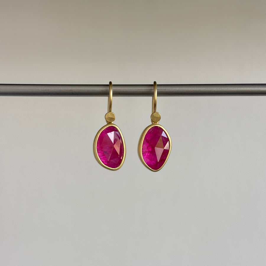 18k Gold & Ruby Pebble Drop Earrings hanging