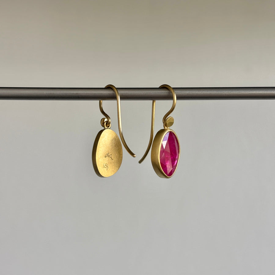 18k Gold & Ruby Pebble Drop Earrings hanging 2
