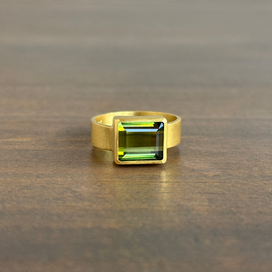 22k Gold & Emerald Cut Green Tourmaline Bezel Set Ring