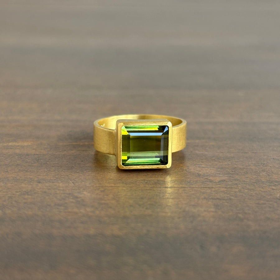 22k Gold & Emerald Cut Green Tourmaline Bezel Set Ring