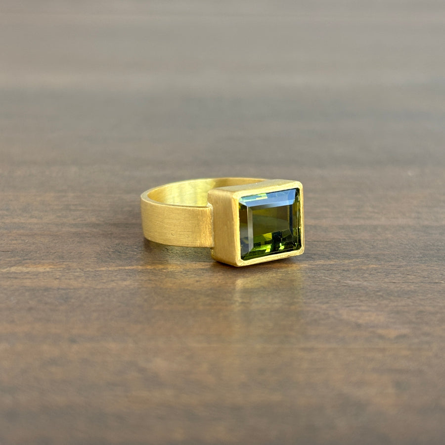 22k Gold & Emerald Cut Green Tourmaline Bezel Set Ring view 2
