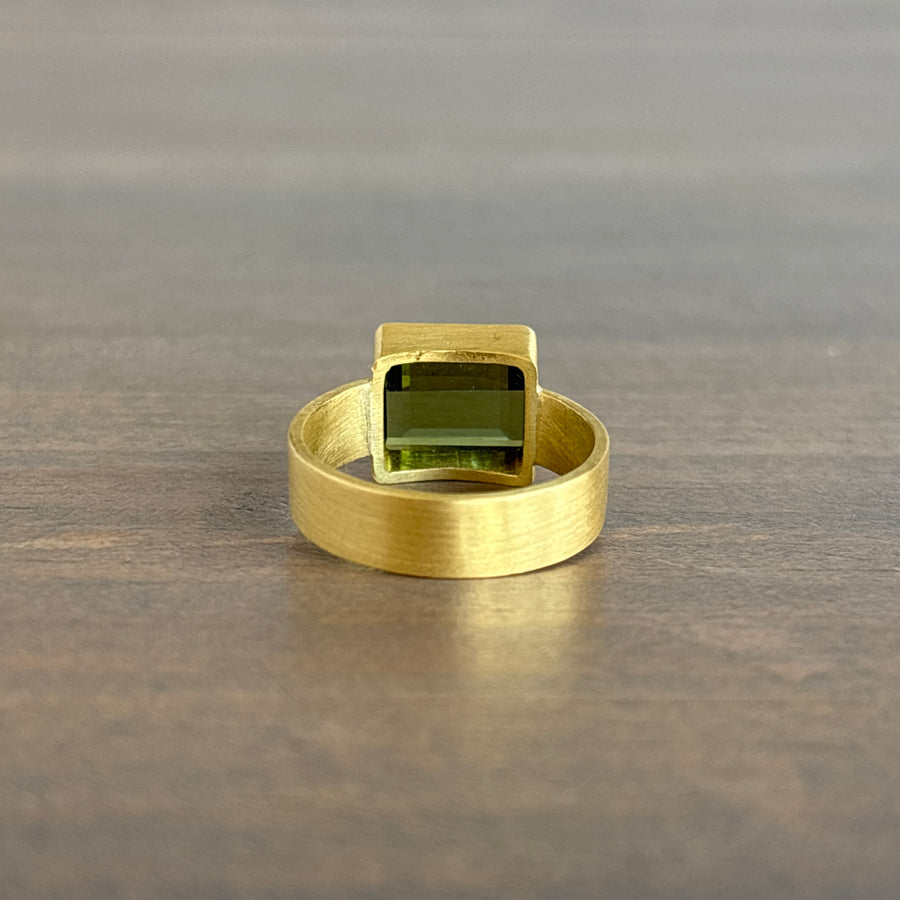 22k Gold & Emerald Cut Green Tourmaline Bezel Set Ring view 4