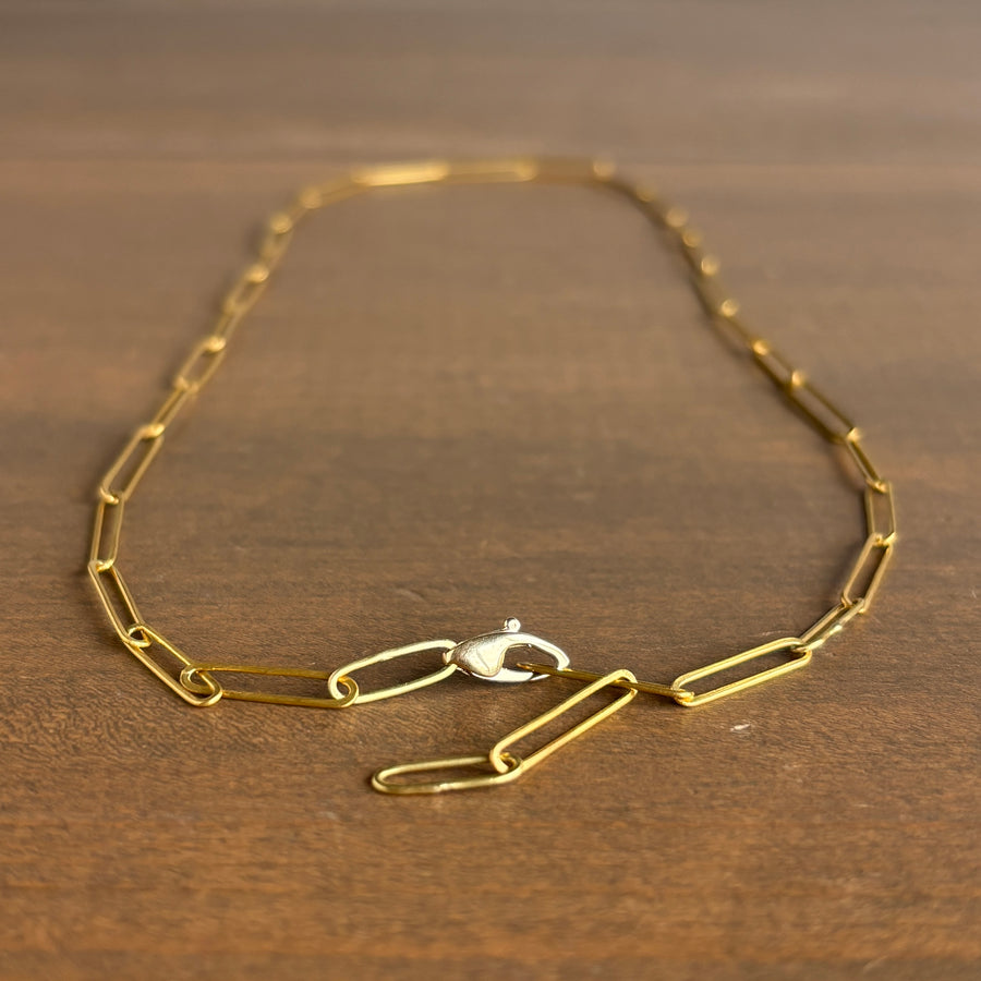 22k Gold Handmade Paperclip Link Chain hanging view 1