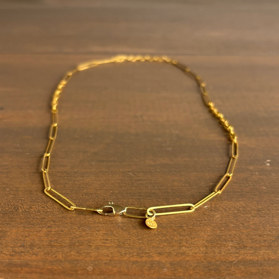 22k Gold Handmade Paperclip & Mini Circle Link Chain hanging view 1