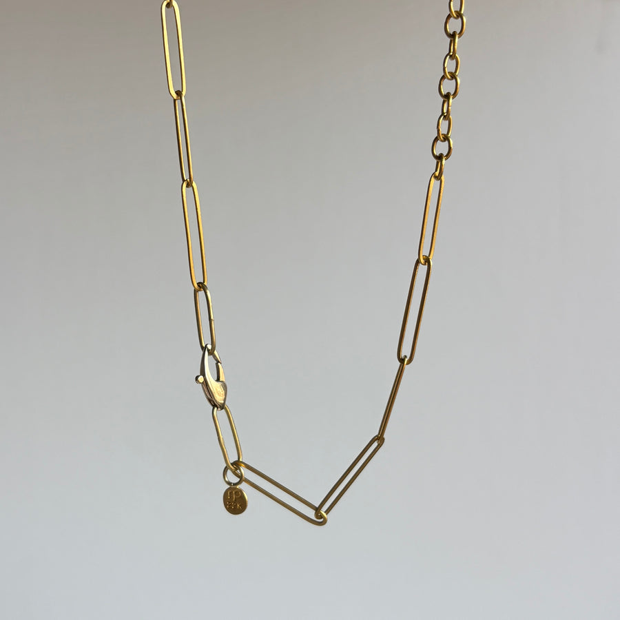 22k Gold Handmade Paperclip & Mini Circle Link Chain hanging view 2