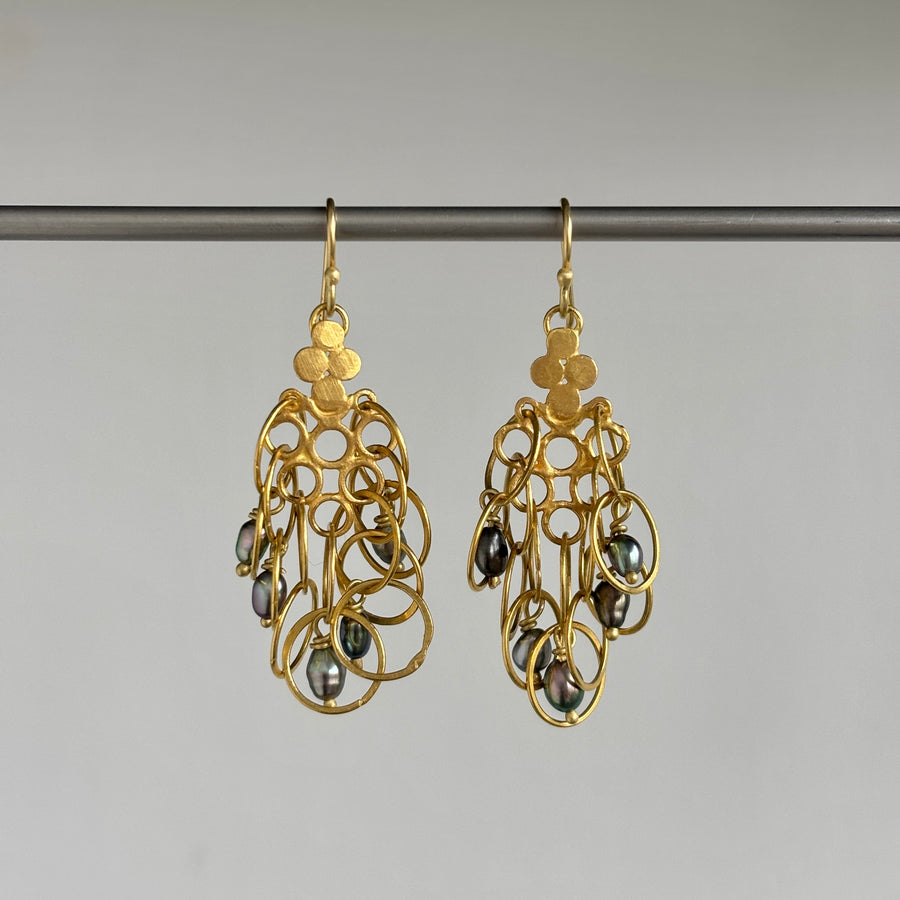 22k Gold & Keshi Pearl Flutter Earrings hanging