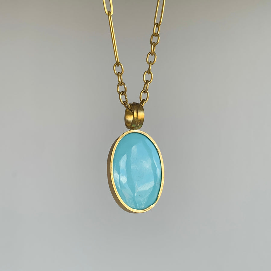 22k Gold & Oval Arizona Turquoise Cabochon Pendant back view
