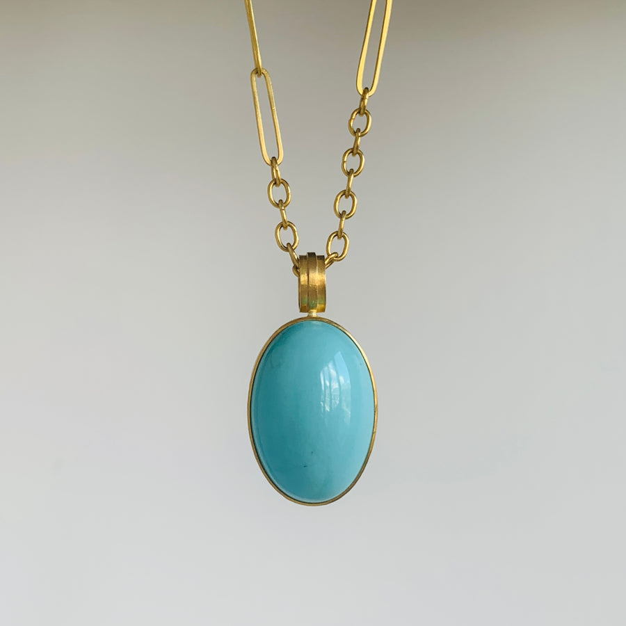 22k Gold & Oval Arizona Turquoise Cabochon Pendant front view
