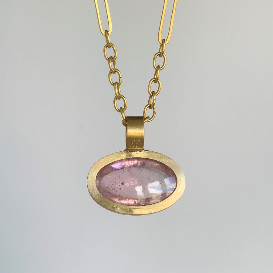 22k Gold & Oval Cabochon Morganite Pendant back view hanging