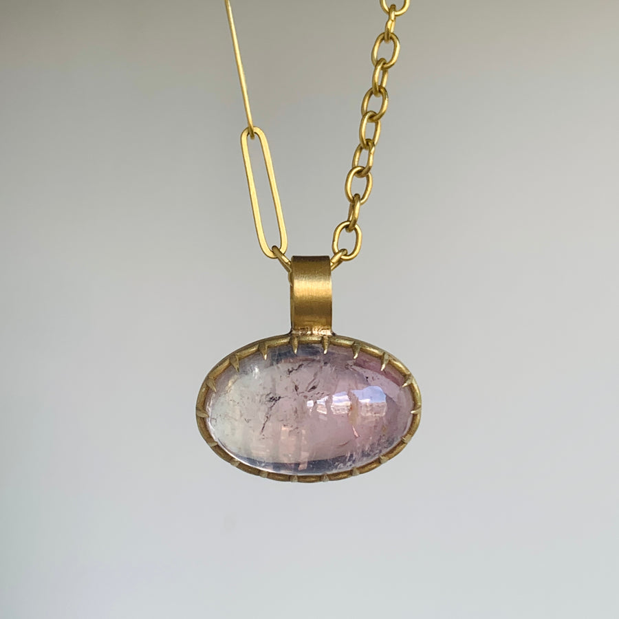 22k Gold & Oval Cabochon Morganite Pendant front view hanging