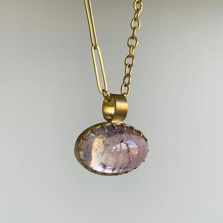 22k Gold & Oval Cabochon Morganite Pendant side view hanging