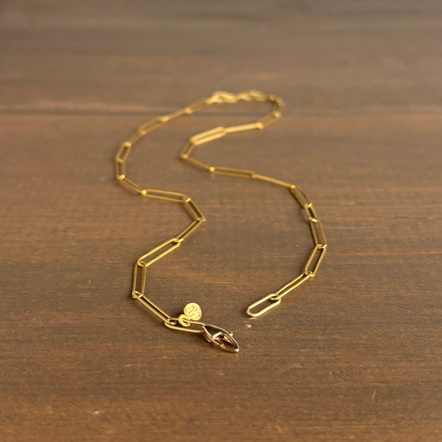 22k Handmade Paperclip Chain with Mini Circle Links hanging view 1