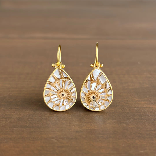 Ammonite Shell with Mother of Pearl Inlay Teardrop Earrings by Monika Krol
