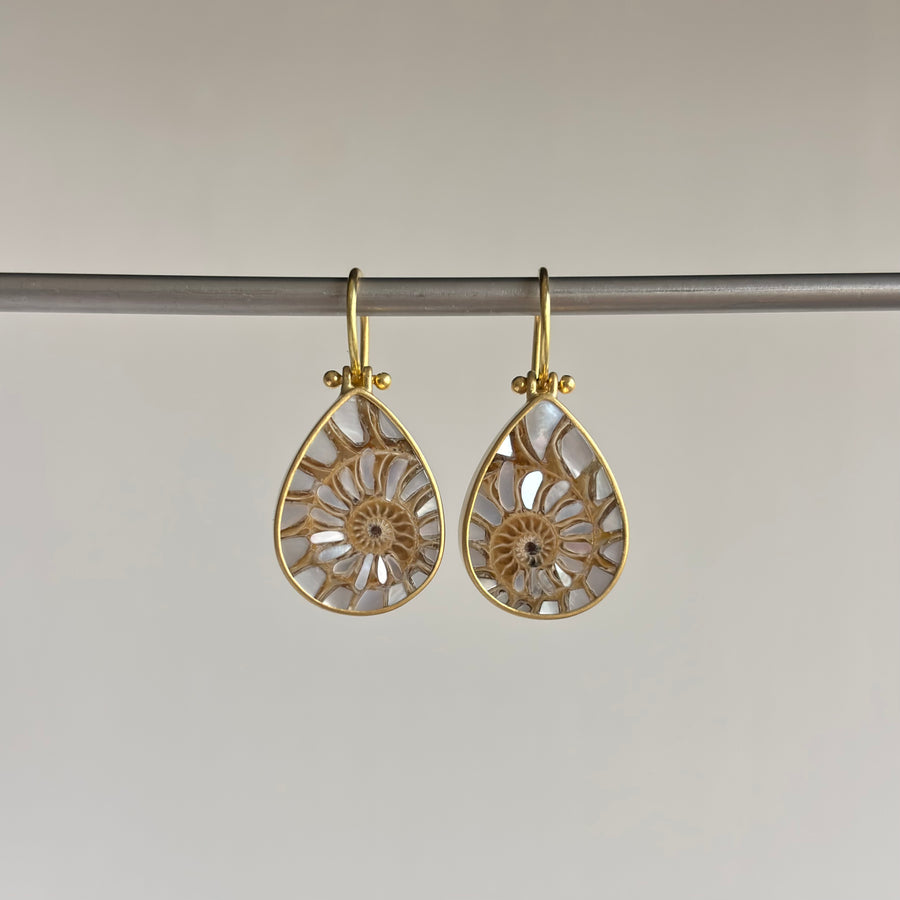 Ammonite Shell with Mother of Pearl Inlay Teardrop Earrings by Monika Krol hanging view