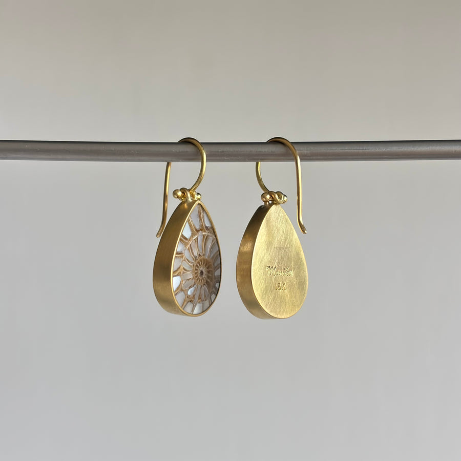 Ammonite Shell with Mother of Pearl Inlay Teardrop Earrings by Monika Krol side view