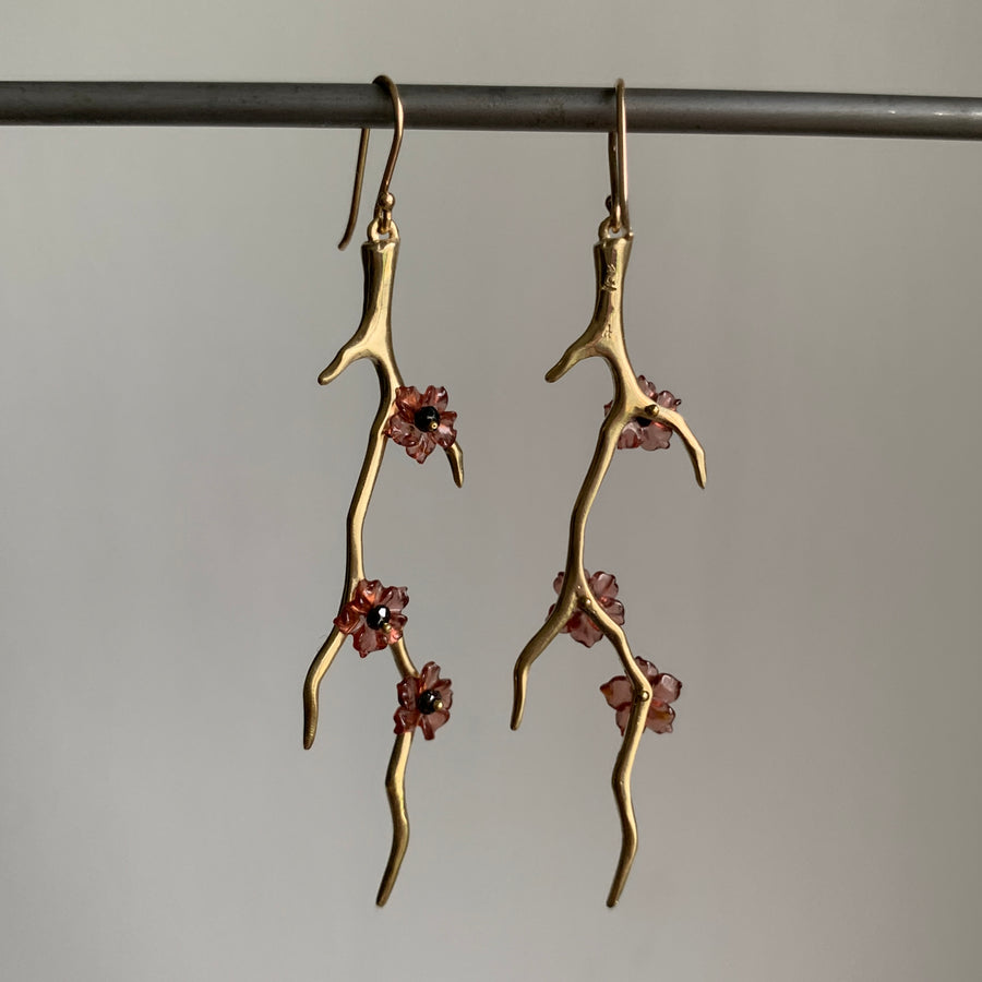 Annette Ferdinansen 10k Gold Blossom Branch Earrings with Garnet & Black Diamonds back