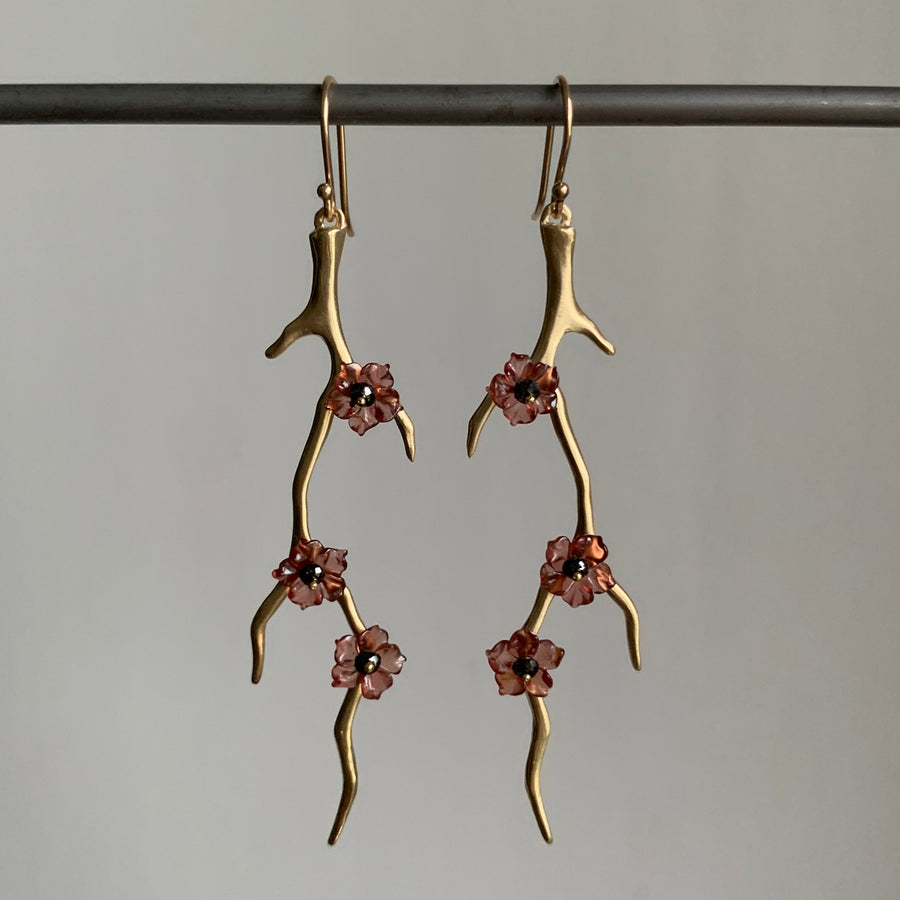 Annette Ferdinansen 10k Gold Blossom Branch Earrings with Garnet & Black Diamonds