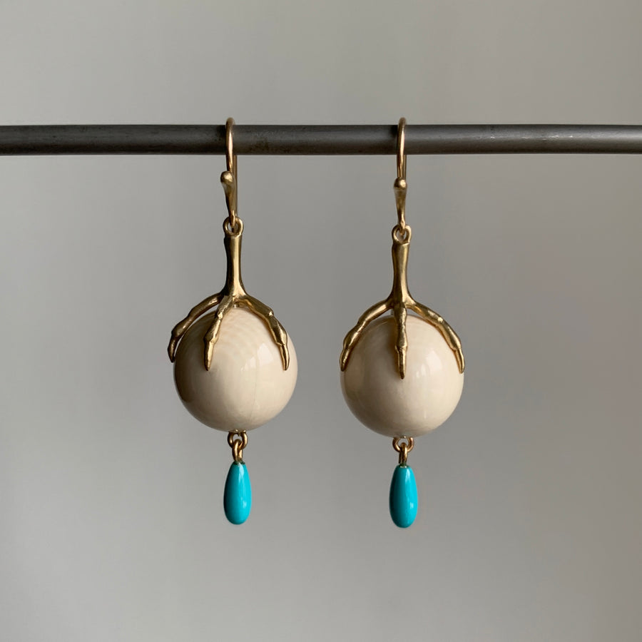 Annette Ferdinansen 10k Gold & Mammoth Ivory Quail Egg Claw Earrings with Turquoise Drops hanging