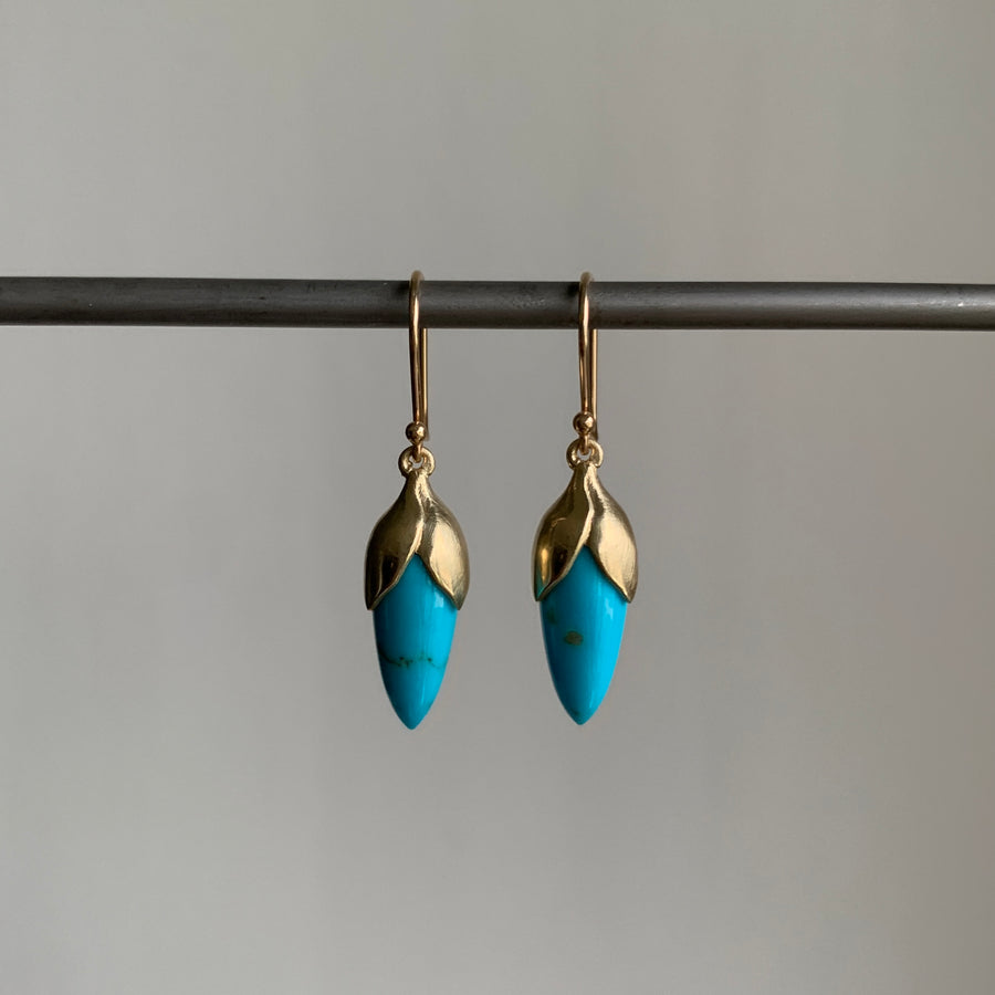 Annette Ferdinansen 10k Gold & Turquoise Bud Drop Earrings hanging