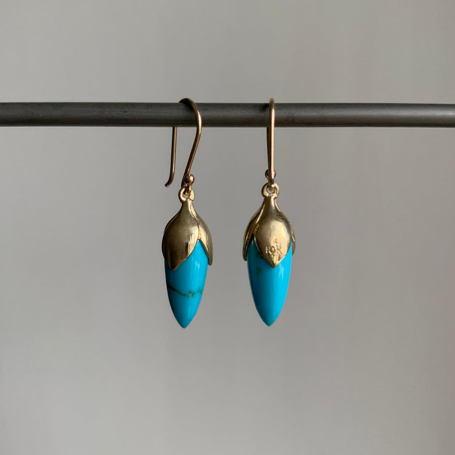 Annette Ferdinansen 10k Gold & Turquoise Bud Drop Earrings hanging back view