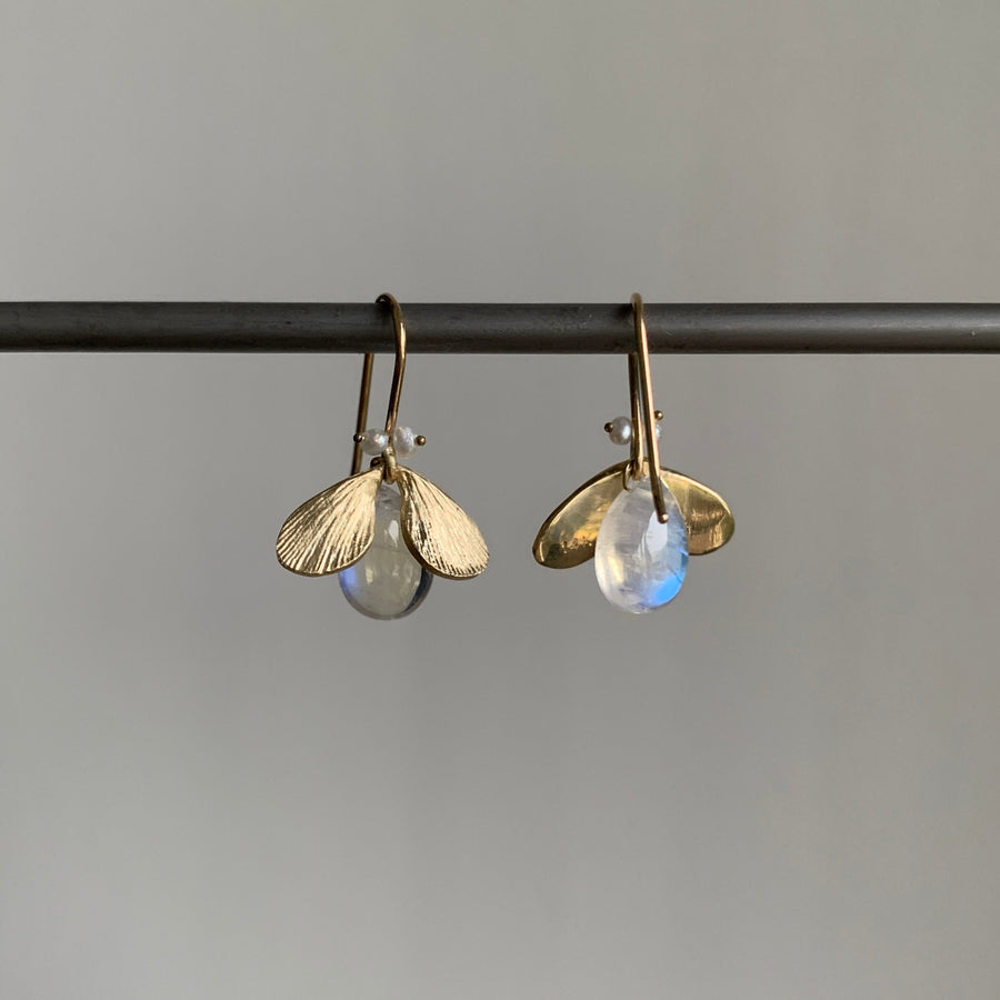 Annette Ferdinansen 14k Gold & Rainbow Moonstone  Bejeweled Bug Earrings with Pearl Eyes back view