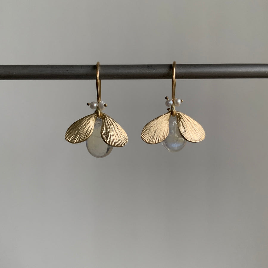 Annette Ferdinansen 14k Gold & Rainbow Moonstone  Bejeweled Bug Earrings with Pearl Eyes hanging view