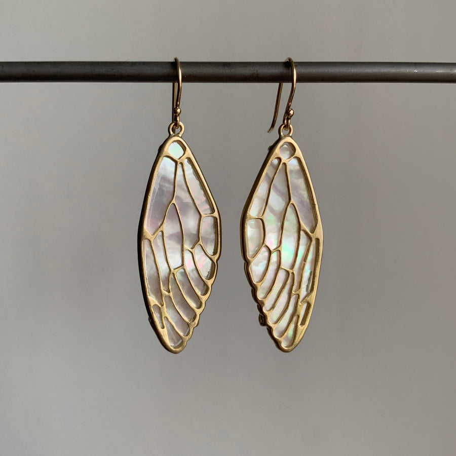 Mother of pearl Cicada wing earrings front view hanging