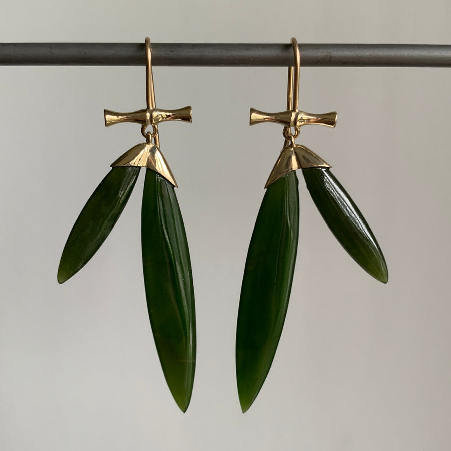 Annette Ferdinansen Large 14k Gold & Jade Bamboo Earrings hanging