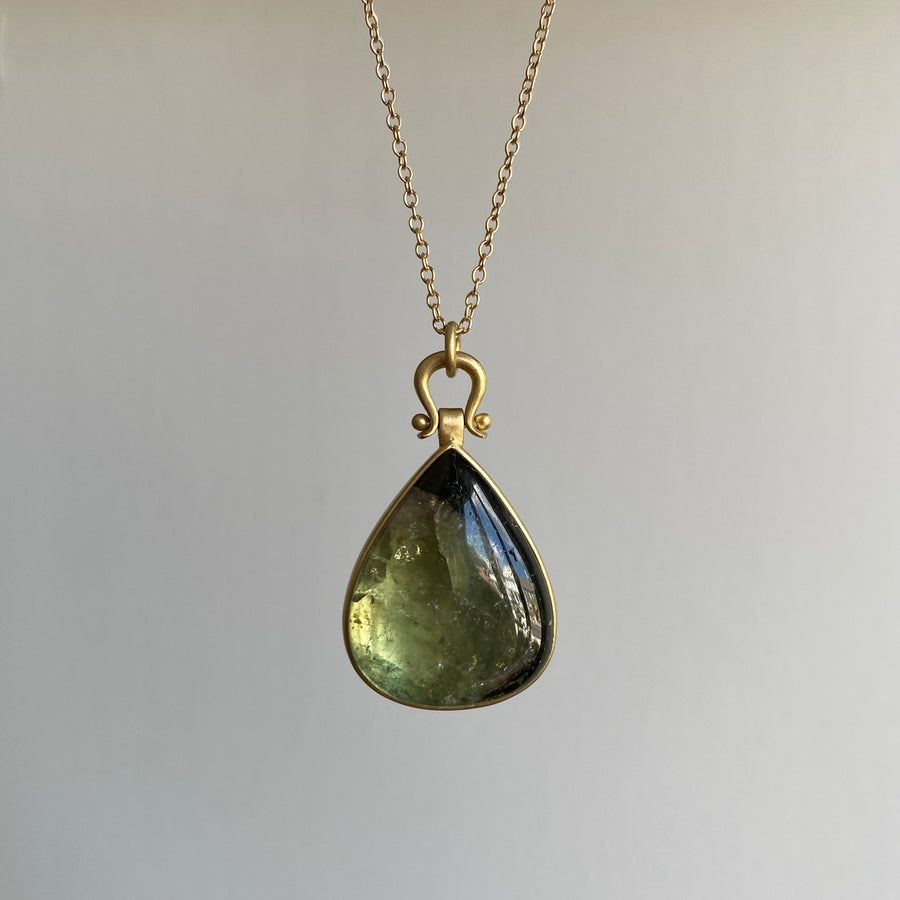 Bicolor Green Tourmaline Teardrop Pendant by Monika Krol hanging view