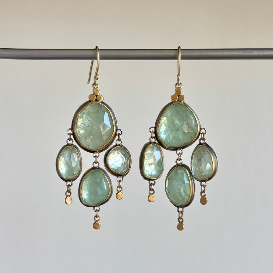 Blue Beryl Chandelier Drop Earrings with 22k Gold & Sterling Silver hanging
