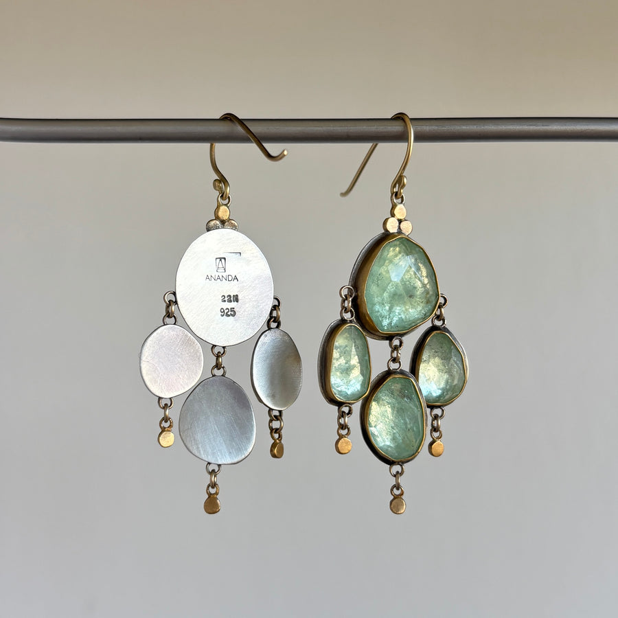 Blue Beryl Chandelier Drop Earrings with 22k Gold & Sterling Silver hanging 2