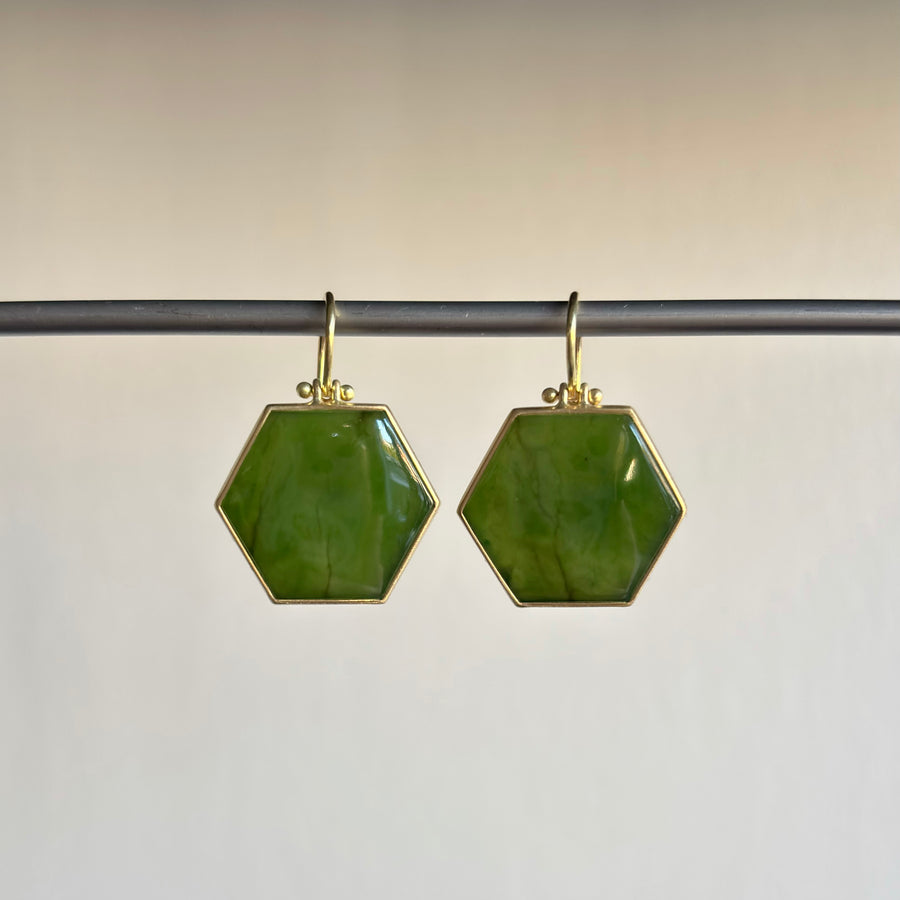 Canadian Jade Hexagon Earrings by Monika Krol hanging view