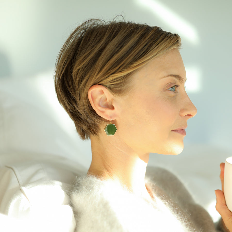 Canadian Jade Hexagon Earrings by Monika Krol model view