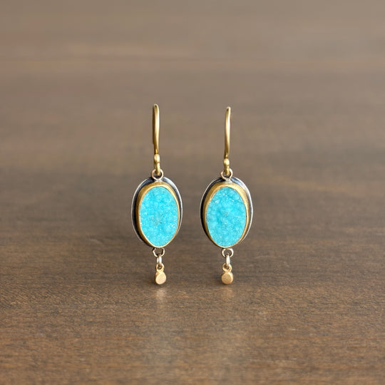 Chrysocolla Druzy Earrings with 22k Gold & Sterling Silver