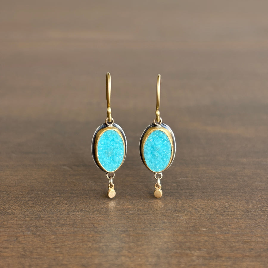 Chrysocolla Druzy Earrings with 22k Gold & Sterling Silver