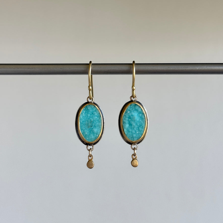Chrysocolla Druzy Earrings with 22k Gold & Sterling Silver hanging