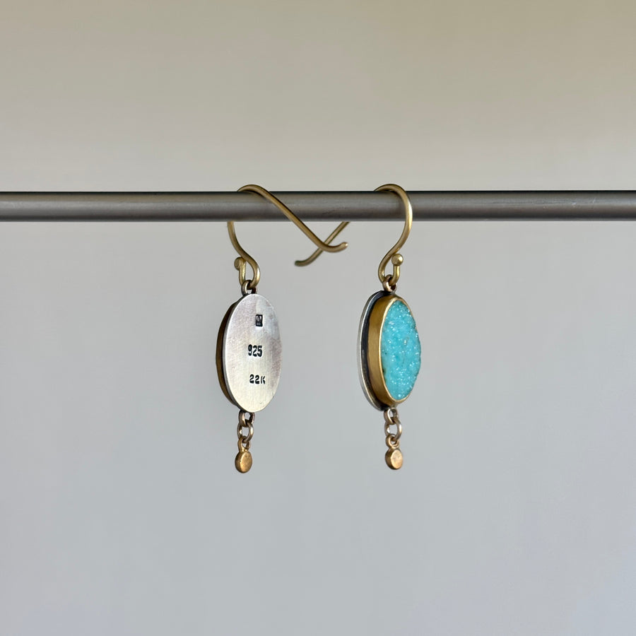 Chrysocolla Druzy Earrings with 22k Gold & Sterling Silver hanging 2