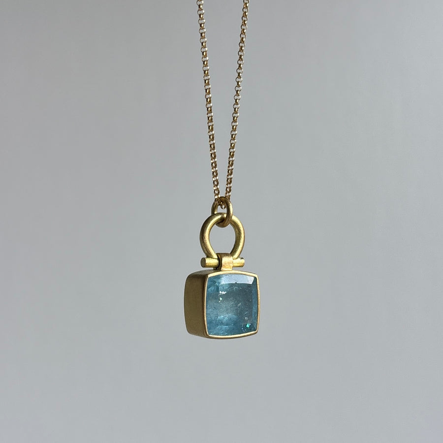 Cushion Cut Brazilian Aquamarine Pendant by Monika Krol hanging view