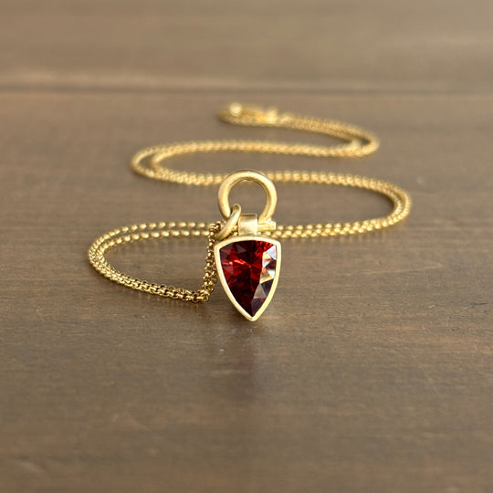 Gold necklace with a red gemstone pendant on a wooden surface