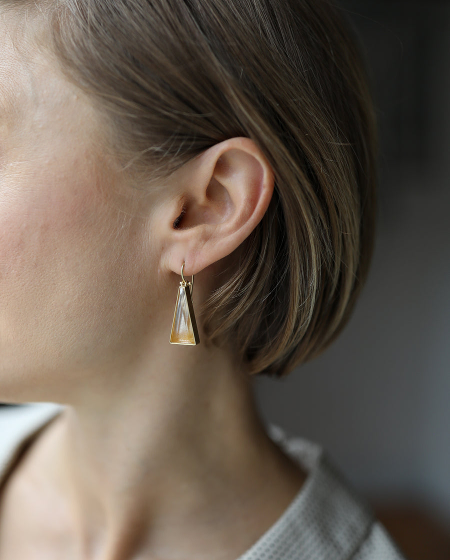 Golden Ombré Rutilated Quartz Triangle Earrings by Monika Krol close up ear view