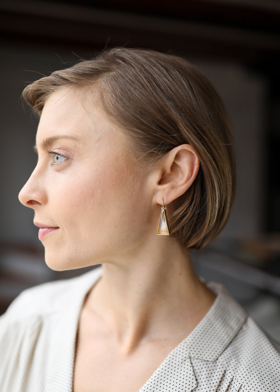 Golden Ombré Rutilated Quartz Triangle Earrings by Monika Krol hanging on model view