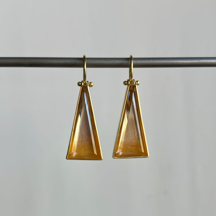 Golden Ombré Rutilated Quartz Triangle Earrings by Monika Krol hanging view