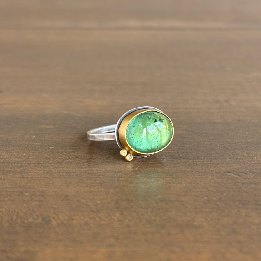 Green Tourmaline Cabochon Ring with 22k Gold, Sterling Silver, & Diamonds side view