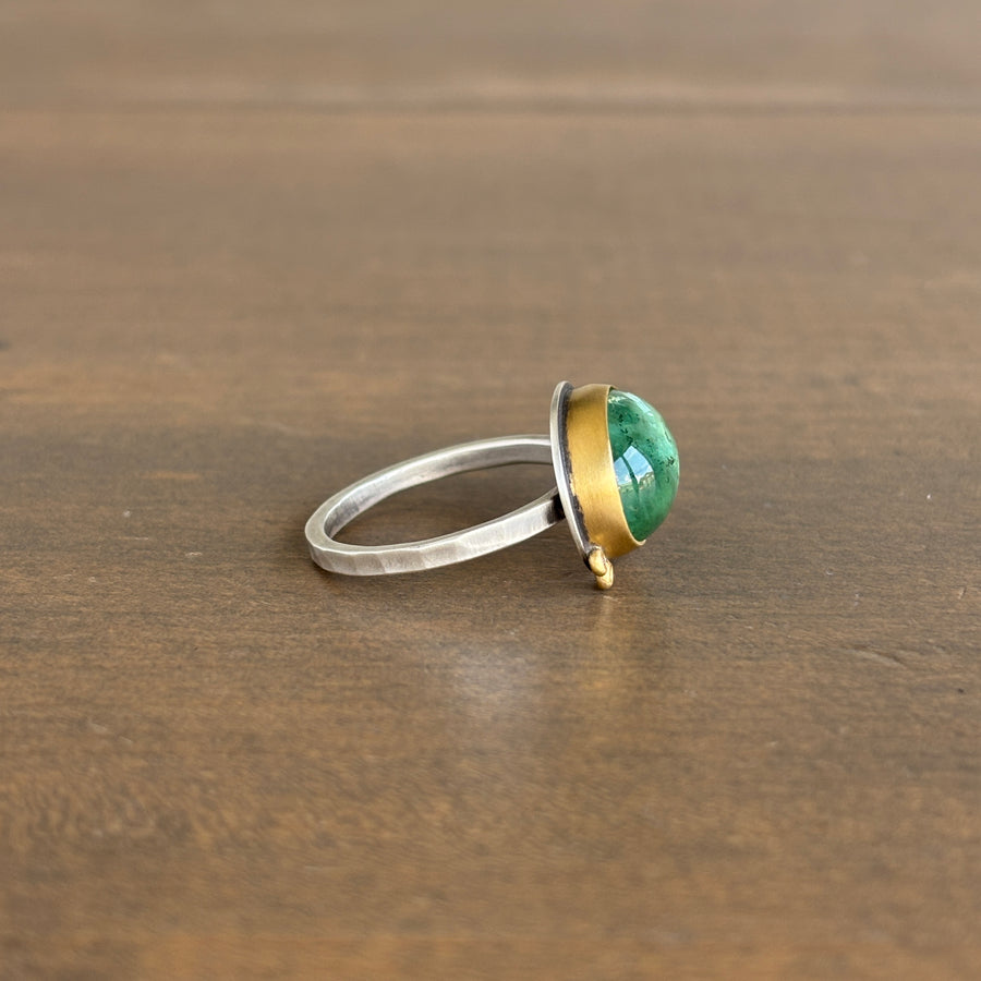 Green Tourmaline Cabochon Ring with 22k Gold, Sterling Silver, & Diamonds side view 2