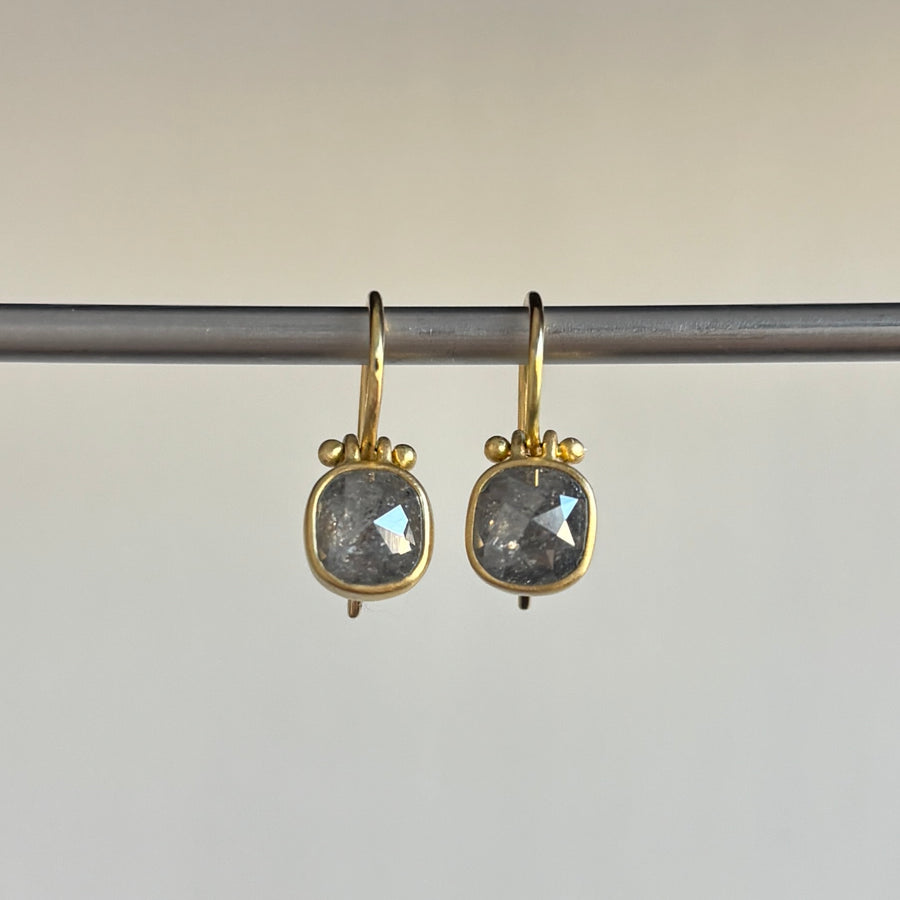Grey Rose Cut Diamond Cushion Earrings with Clasps by Monika Krol hanging view
