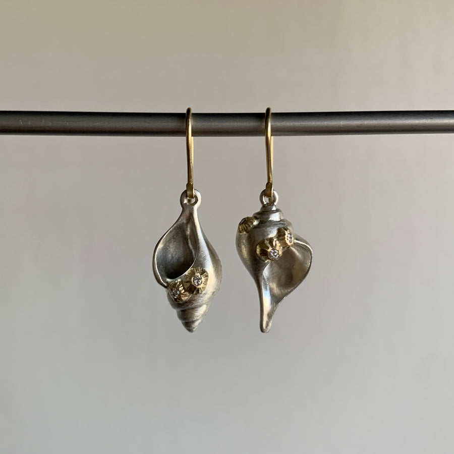 Hannah Blount Sea Shell Duet Ruthie B. Earrings with Barnacles & Diamonds earrings hanging view