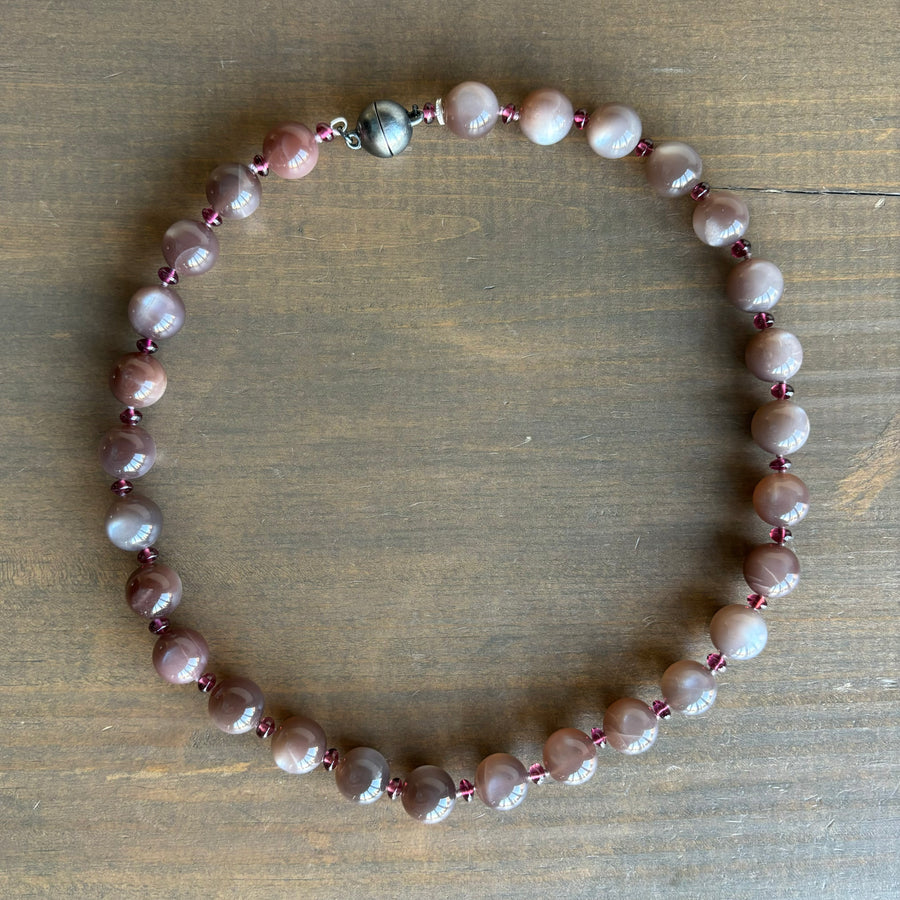 Mauve Moonstone and Garnet Beaded Necklace