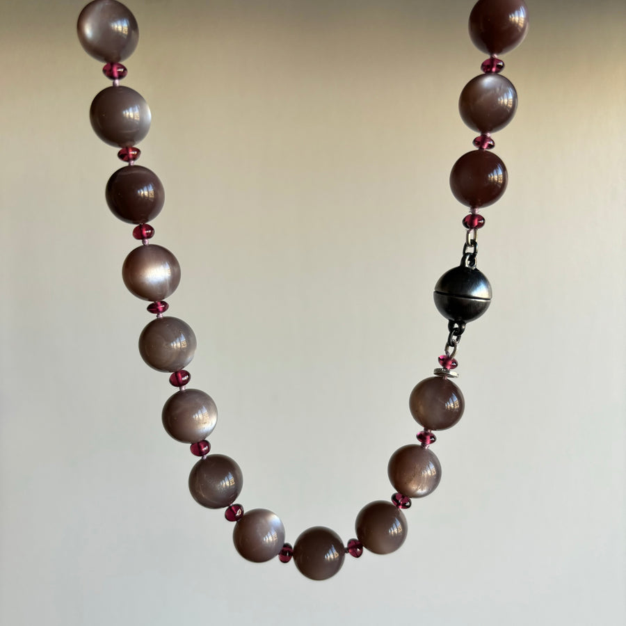 Mauve Moonstone and Garnet Beaded Necklace